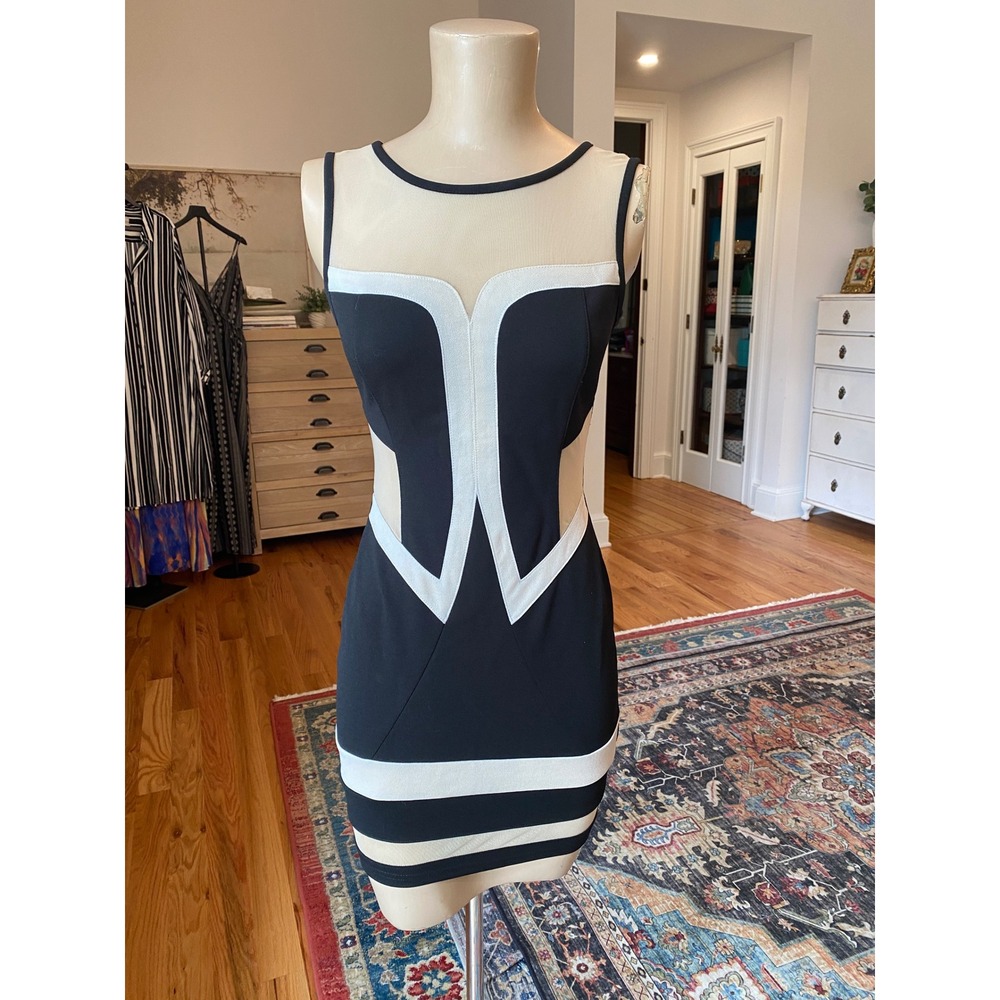 Alt. B Womens Black White Mesh Geometric Bodycon Mini Dress Small